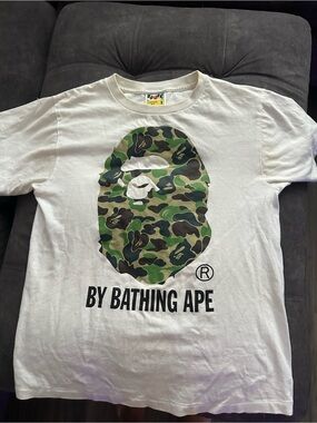 Bape White T-Shirt with Green Camo Ape Head Graphic